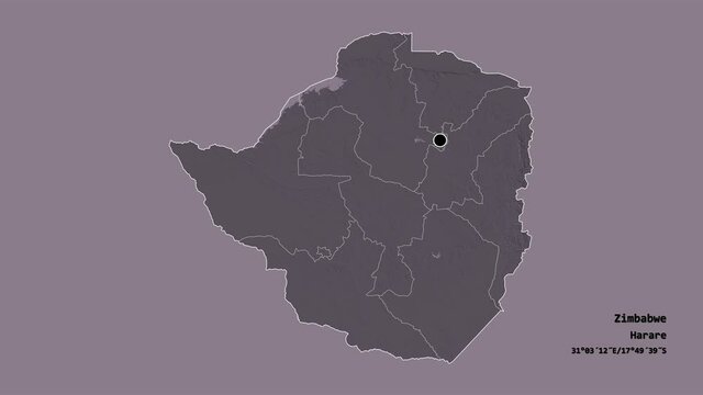 Manicaland, province of Zimbabwe, with its capital, localized, outlined and zoomed with informative overlays on a administrative map in the Stereographic projection. Animation 3D