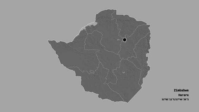 Manicaland, province of Zimbabwe, with its capital, localized, outlined and zoomed with informative overlays on a bilevel map in the Stereographic projection. Animation 3D