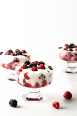 Delicious juicy berries of raspberries and blackberries with yoghurt in a glass form on a white background