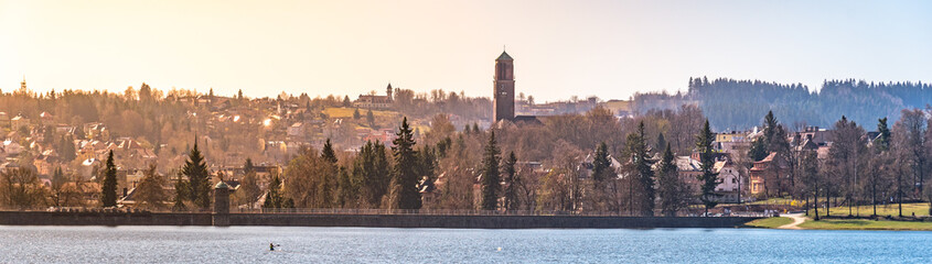 Panoramic view of Jablonec nad Nisou with Church of the Most Sacred Heart and Mseno Reservoir, Czech Republic
