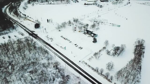 Aerial view of snow village in winter Toyako   Hokkaido Japan