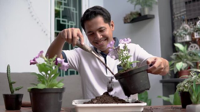Asian man gardening at home. men planting a plants in pots