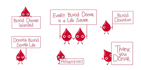 Vector illustration set of blood drop character. Blood donation lettering slogans. Cute and kind little red droplets. Good for logo, stickers, poster, paper cards for world blood donor day 14th june.