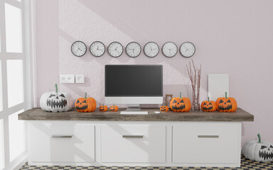 3D illustration .Desktop computer mockup in a living room Halloween decoration. White and black Pumpkins . 3D rendering