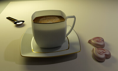 3d rendering porcelain coffee cup, glossy spoon and two chocolate hearts at white cloth