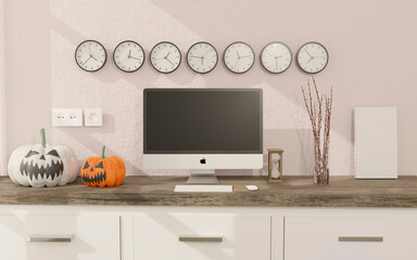 3D illustration .Desktop computer mockup in a living room Halloween decoration. White and black Pumpkins . 3D rendering