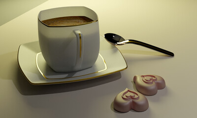 3d rendering porcelain coffee cup, glossy spoon and two chocolate hearts at white cloth