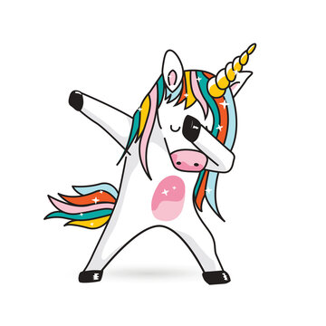 Funny unicorn doing the dab dance move, pastel colors vector design