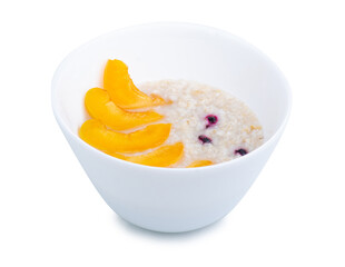 bowl oatmeal with fruit on white background isolation
