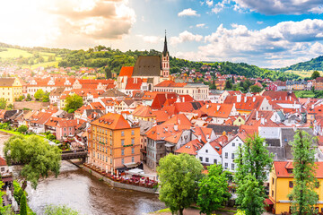 Panoramic view of Cesky Krumlov with St Vitus church in the middle of historical city centre. Cesky...