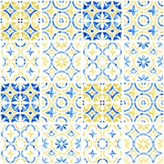 Photo sur Plexiglas Portugal carreaux de céramique Motif aquarelle transparente. Ornement azulejo en bleu et jaune isolé sur blanc. Impression dessinée à la main sur papier.