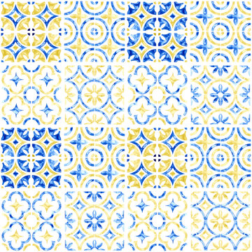 Seamless watercolor pattern. Azulejo ornament in blue and yellow colors isolated on white. Hand-drawn print on paper.