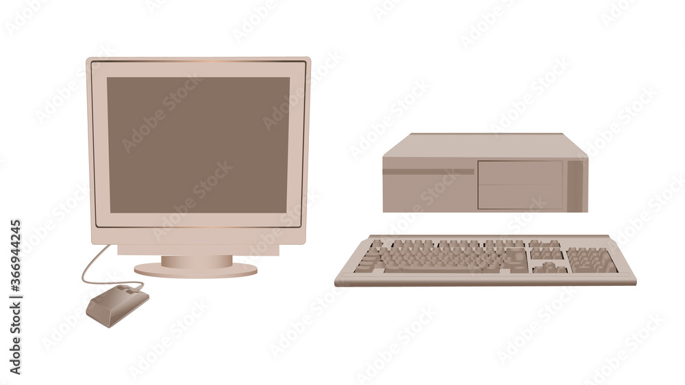 Poster retro personal computer. an old coffee colored gadget classic monitor with an outdated mouse and sys