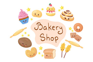 Cartoon Bakery Shop lettering with kawaii characters. Cute happy & funny wheat bread, bun, cupcakes mascots, crackers vector illustration isolated on white. Kids menu design. Smiling food emoji.