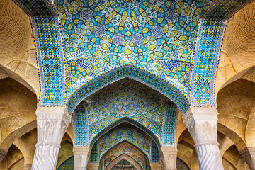 Walls and ceiling covered with colorful faience tiles, Vakil Mosque, Shiraz, Fars Province, Iran