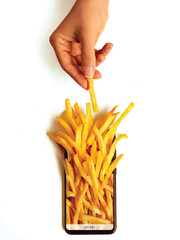 Ordering and delivery of food through the mobile application. Fast food, french fries.