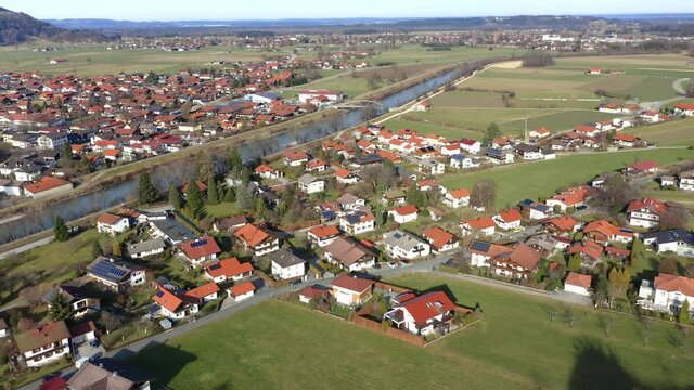 Aerial view, flight at Tiroler Achen, Marquartstein, Upper Bavarian district of Traunstein, Germany