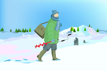 Winter fishing, fishermen on frozen river. Vector Illustration