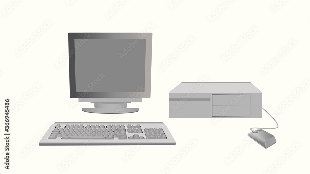 Poster personal computer retro gray. old gadget classic monitor with an outdated mouse and system flat bloc