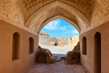 Fototapeta na wymiar Ruins of ritual buildings near Dakhmeh Zoroastrian Tower of Silence, Yazd, Iran