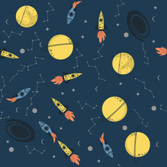Vector space seamless pattern with planets, comets, constellations, rockets and stars. Sky illustration astronomical background. Use for textile, zodiac star yoga mat, phone case, notebook cover