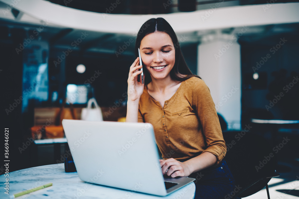 Aufkleber smiling hipster girl having conversation with operator confirming purchase in web store with discoun