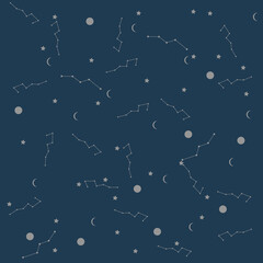 Fototapeta premium Vector space seamless pattern with planets, comets, constellations, rockets and stars. Sky illustration astronomical background. Use for textile, zodiac star yoga mat, phone case, notebook cover