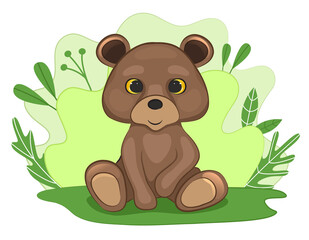 Cute baby bear in a forest clearing. Background of leaves and plants. Cartoon style. Vector illustration.