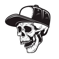 Illustration of skull in baseball cap in monochrome style. Design element for logo, emblem, sign, poster, card, banner. Vector illustration