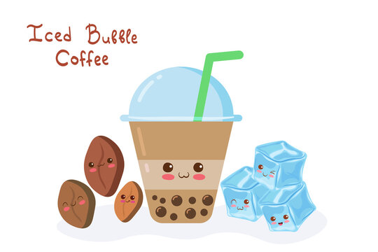 Kawaii cartoon Iced Coffee with Bubbles characters with funny faces. Cute happy & funny ice cubes, coffee beans mascot vector illustration isolated on white. Kids menu design concept. Smiling food.