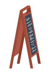 Hand written menu on black stand on a street. Side view. Isolated on a white background. Vector illustration.