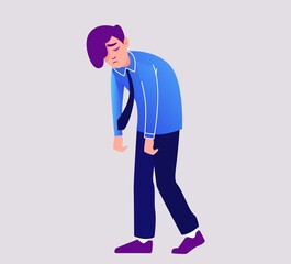 Sad disapointed person in depression walks with his head down. Character with lowered shoulders upset by financial crisis economic failure unemployed man with broken career vector business loss.