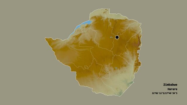 Midlands, province of Zimbabwe, with its capital, localized, outlined and zoomed with informative overlays on a relief map in the Stereographic projection. Animation 3D