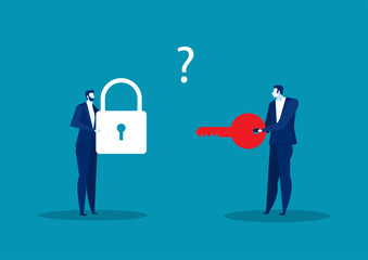 Two Business Man Holding Key And Lock for solve success vector