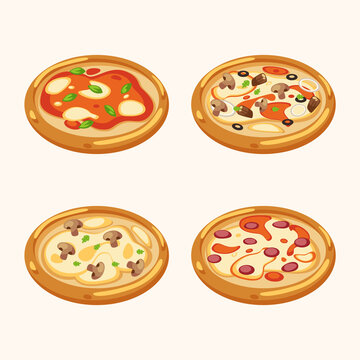 set of pizza vector illustration, margherita pizza, pepperoni, mushroom