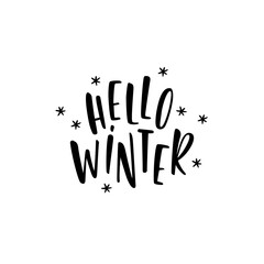 Hello winter. The inscription on the t-shirts, card, poster, notebook. Lettering on a white background. Calligraphy.