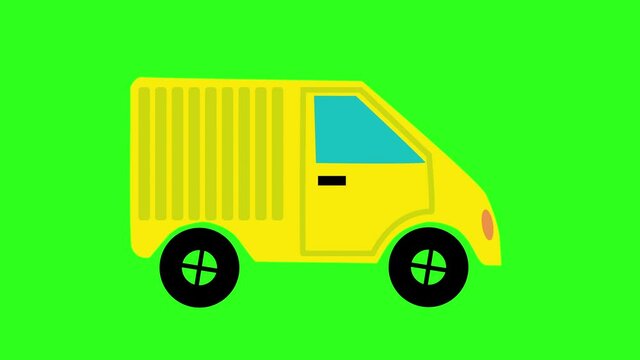 Animation: the yellow van brings a delivery to the client. Green background, minimal design