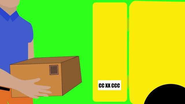 Animation: courier charges a shipping box into a yellow van. Green background, minimal design