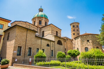 Ravenna Cathedral, Archiepiscopal museum and Baptistery of Neon exterior, behind the Duomo of Ravenna. Relics of early Christian Ravenna are preserved, including mosaics from first cathedral church