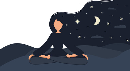 Girl in yoga lotus practices meditation at night outdoor. Nature background with moon. Banner, card or landing page template. Vector illustration in flat style. Young woman meditating