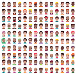 Set of 100 men and women avatars in flat design.