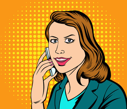 Happy smiling women talking on mobile phones. Pop art retro hand drawn style vector design illustrations.