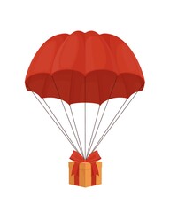 Gift box on a parachute. Surprise with red ribbon descends from sky under an elegant dome festive birthday delivery delivery of special New Years gifts stylish colorful vector packaging.