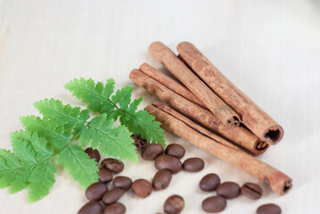 Cinnamon sticks and coffee beans. Roasted coffee beans on a wooden background. Light tree background.