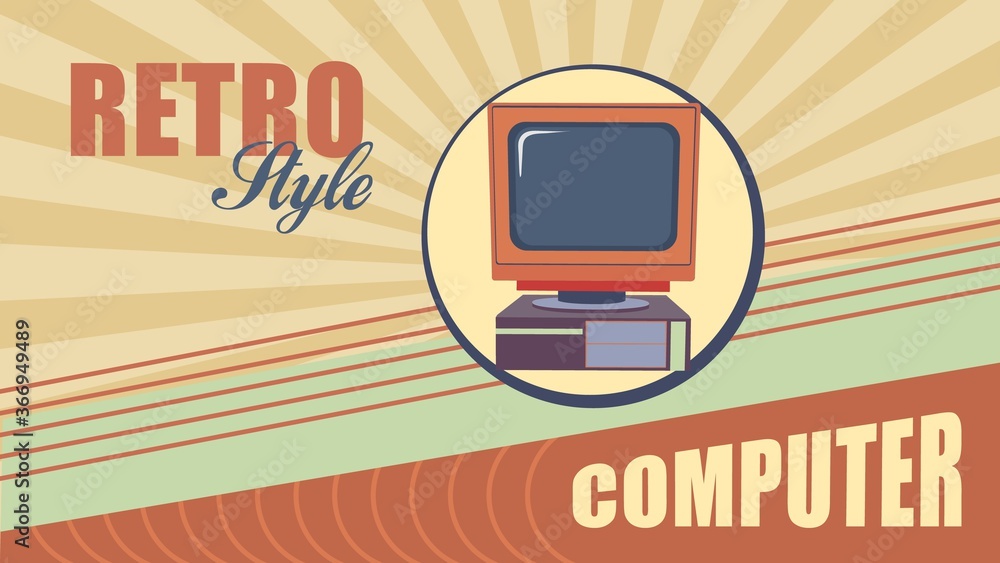 Poster vintage personal computer. an old colored pc in retro style monitor with an outdated mouse and syste