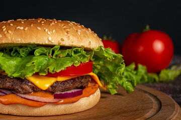 Close-up fresh juicy cheeseburger with meat, tomato and lettuce