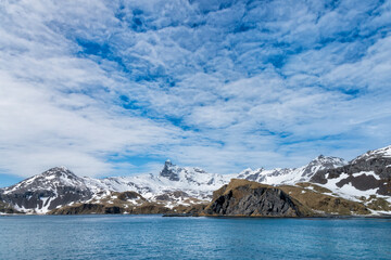 Coastline and clouds, Right Whale Bay, South Georgia, Antarctic