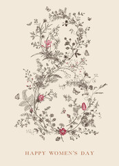 Greeting card. Happy Women's day. March 8. Vintage floral vector element. Victorian. Retro