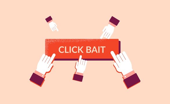 Clickbite On False News Illustration. Media Viral Bait Marketing Ad Button Online Fraudulent Content Web Fishing Flat Dirty Vector Traffic Strategic Information Tool.