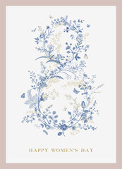 Greeting card. Happy Women's day. March 8. Vintage floral vector element. Victorian. Blue ang beige